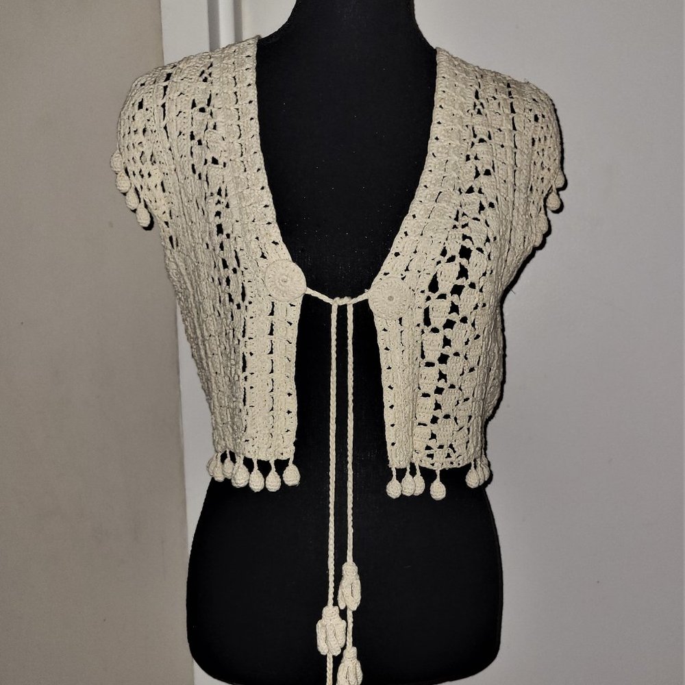 Nanette Lepore Boho Cream Crochet Tassel Vest - S
